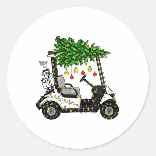 Golfkar Kerstboom Lights Xmas Sport Golfer Ronde Sticker (Voorkant)
