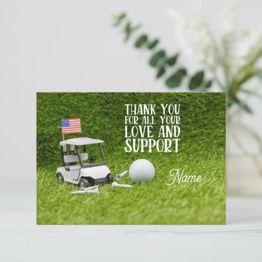 Golfkar met golfbal en Amerikaanse vlag Dank Bedankkaart (Staand voorkant)