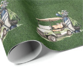Golfkar met golftas op groene gras achtergrond cadeaupapier (Rol Hoek)