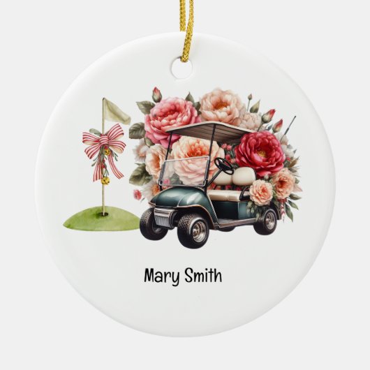 Golfkar met Golfvlag Keramisch Ornament (Voorkant)