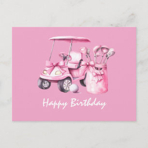 Golfkar met Happy Birthday vrouwelijke golfer ROZE Briefkaart