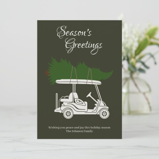 Golfkar met kerstboom · Donkergroen Minimal Feestdagenkaart (Staand voorkant)