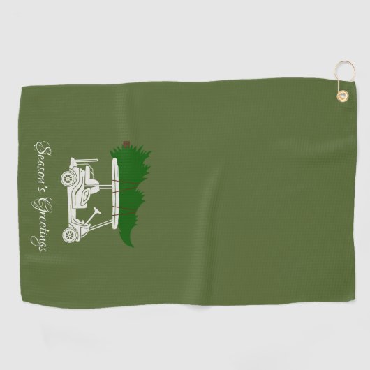 Golfkar met kerstboom | Olijfgroen Golfhanddoek (Horizontaal)