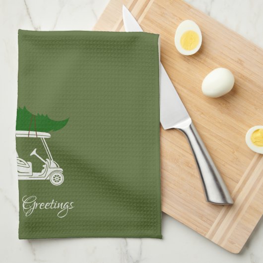 Golfkar met kerstboom | Olijfgroen Theedoek (Quarter Fold)