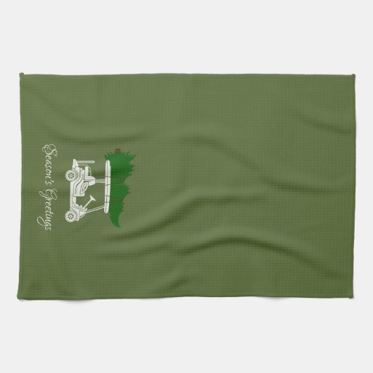 Golfkar met kerstboom | Olijfgroen Theedoek (Horizontaal)