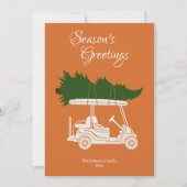 Golfkar met kerstboom · Oranje Foto Feestdagenkaart (Voorkant)