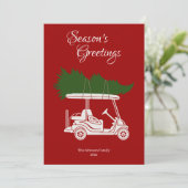 Golfkar met kerstboom · Rode Foto Feestdagenkaart (Staand voorkant)