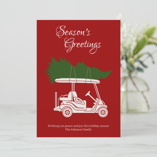 Golfkar met kerstboom · Rode minimalist Feestdagenkaart (Staand voorkant)