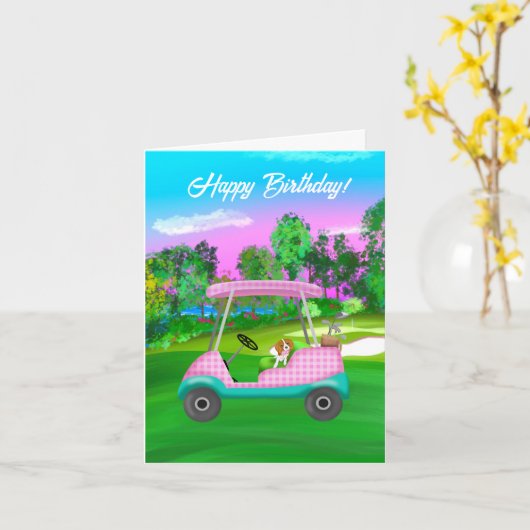 Golfkar met schattige Cavalier King Charles Spanie Kaart (Gele Bloem)