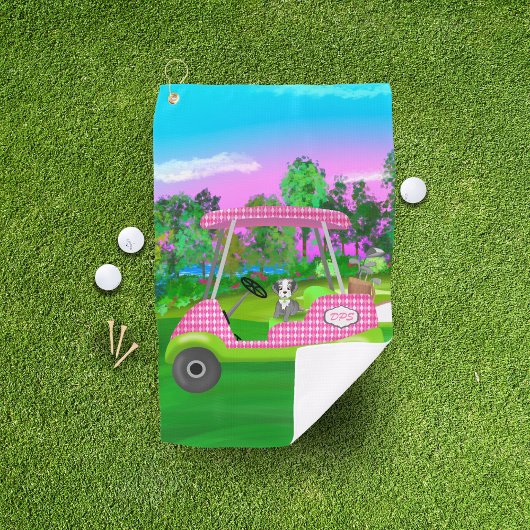 Golfkar met schattige schnauzer en initialen golfhanddoek