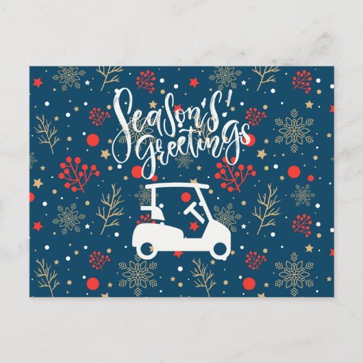 Golfkar met Sneeuwgroet op Blauw Feestdagenkaart (Voorkant)