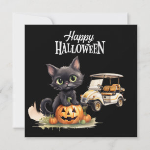 Golfkar met zwarte kat voor Halloween Day Feestdagenkaart