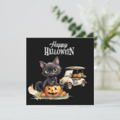 Golfkar met Zwarte kat voor Halloween Feestdagenkaart (Staand voorkant)