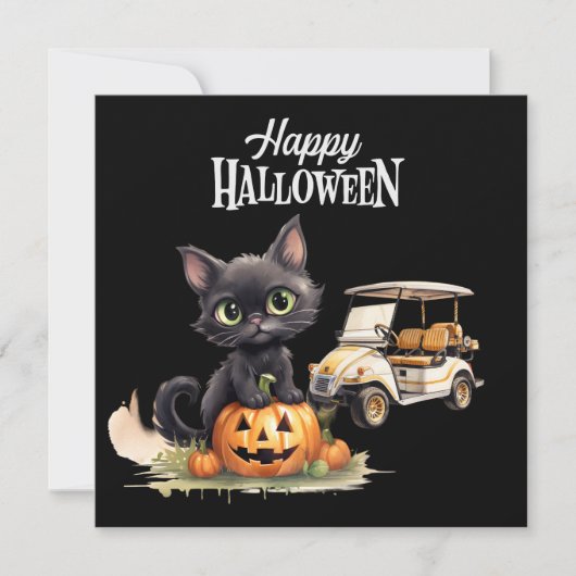 Golfkar met Zwarte kat voor Halloween Feestdagenkaart (Voorkant)