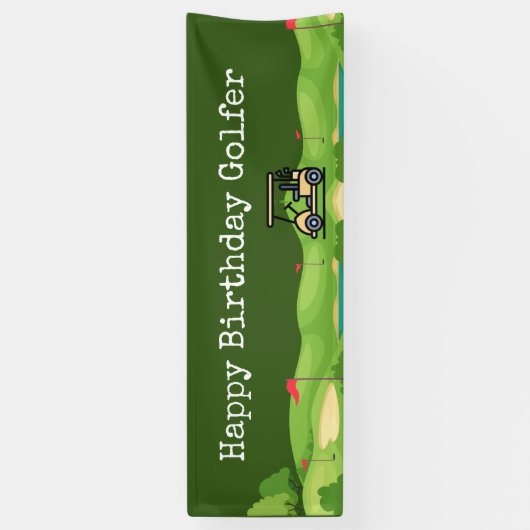 Golfkar op de baan voor verjaardagsfeestje spandoek (Verticaal)