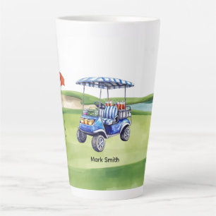Golfkar op golfbaan putting green latte mok