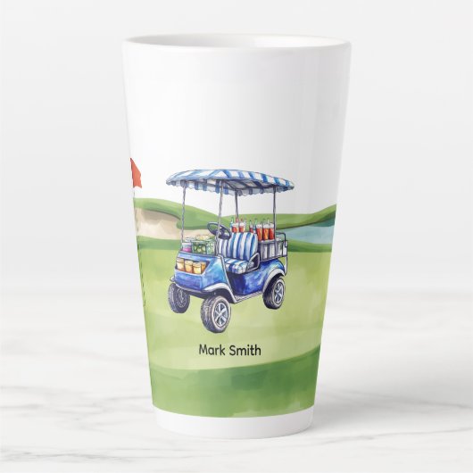 Golfkar op golfbaan putting green latte mok (Voorkant)