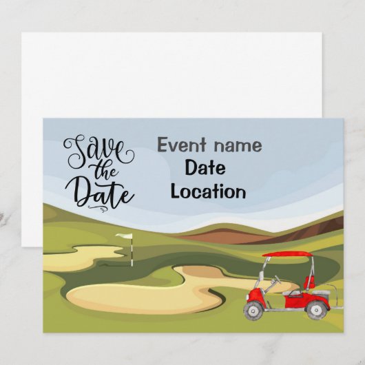Golfkar op golfbaan, uitnodiging golfer (Voorkant / Achterkant)