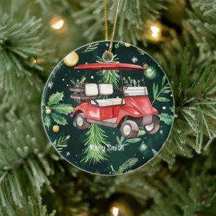 Golfkar op Kerst Achtergrond voor Golfer Keramisch Ornament