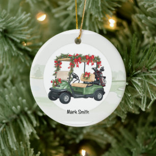 Golfkar op Kerstachtergrond voor Golfer Keramisch Ornament