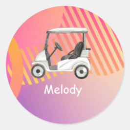 Golfkarretje op roze kleurrijke achtergrond met na ronde sticker