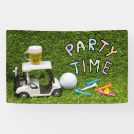 Golfkart met bal en bier voor goudfeesten spandoek