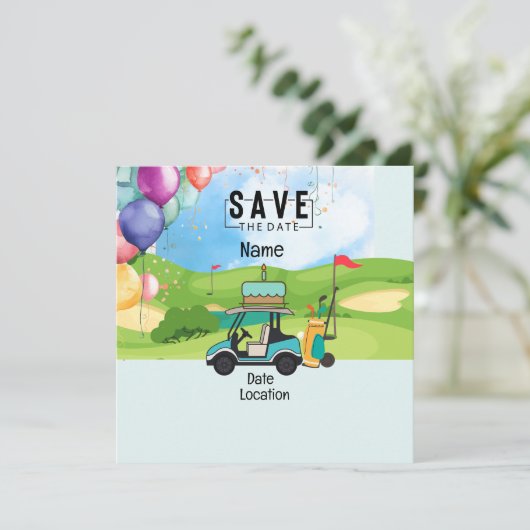 Golfkart met Birthday Save the Date for golfer Kaart (Staand voorkant)