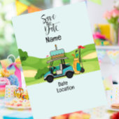 Golfkart met Birthday Save the Date for golfer Kaart