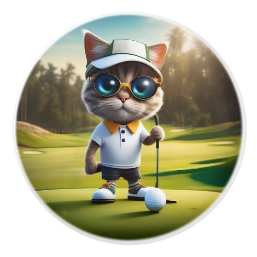 Golfkat klaar om te golfen, keramische knop (Voorkant)