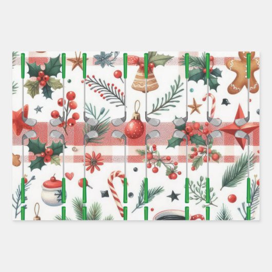 Golfkerst met bal en ijzer voor golfer inpakpapier vel (Voorkant 3)