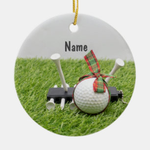 Golfkerst met golfbal kerstlintje keramisch ornament