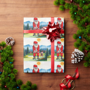 Golfkerst met kerstman en hond cadeaupapier
