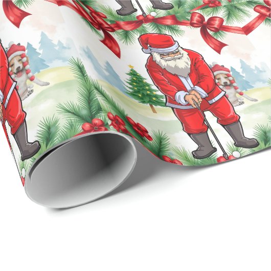 Golfkerst met kerstman en hond cadeaupapier (Rol Hoek)