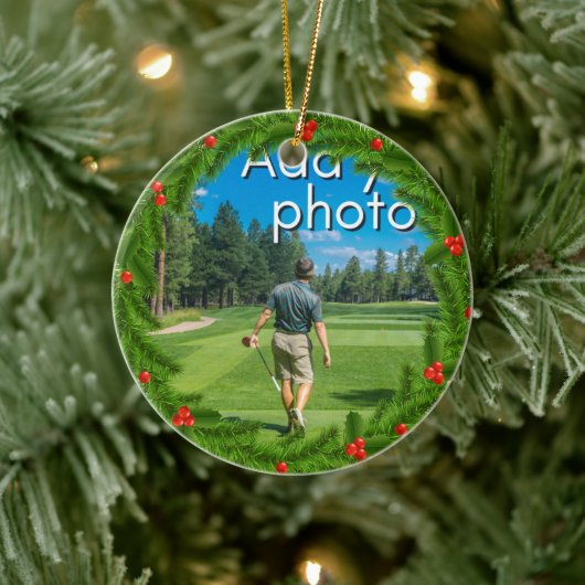Golfkerst Wreath voeg je foto rood toe Keramisch Ornament (Boom)