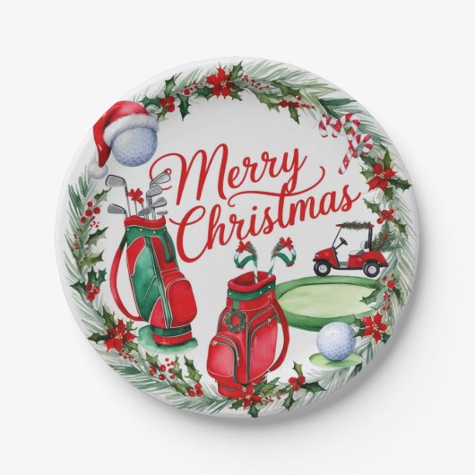 Golfkerstthema Golfer waterverf Holiday Papieren Bordje (Voorkant)
