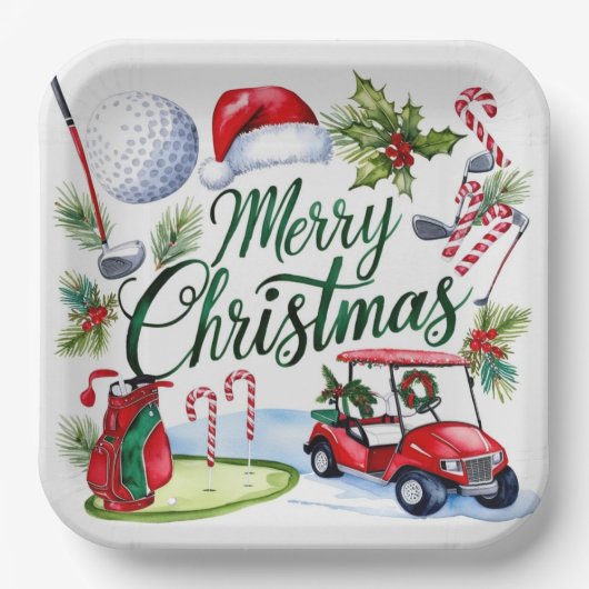 Golfkerstthema Golfer waterverf Holiday Papieren Bordje (Voorkant)