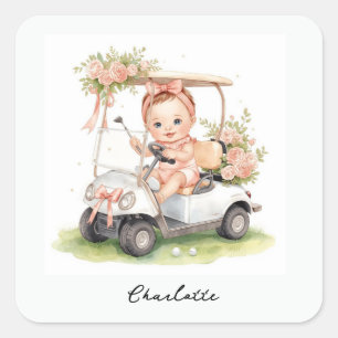 Golfmeisje baby shower bestuurt golfkar vierkante sticker