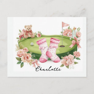Golfmeisje baby shower met roze teddybeer  briefkaart