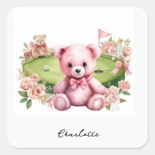 Golfmeisje baby shower met roze teddybeer vierkante sticker