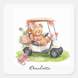 Golfmeisje baby shower met teddybeer op golfkar vierkante sticker