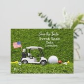 Golfpartij met golfkar en vlag van Amerika Save The Date (Staand voorkant)