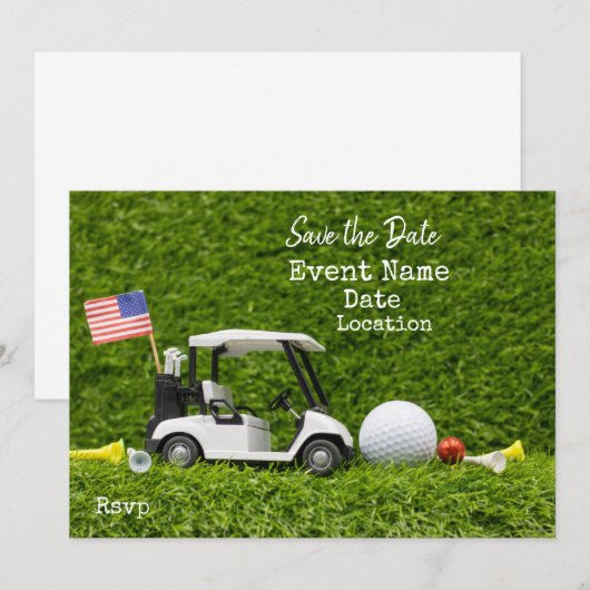 Golfpartij met golfkar en vlag van Amerika Save The Date (Voorkant / Achterkant)