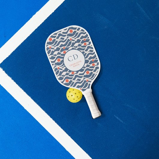 Golfpatroon met blauwe witte oranje zon monogram pickleball paddle