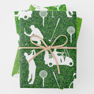 Golfpatroon met golfer en golfkar op groen inpakpapier vel
