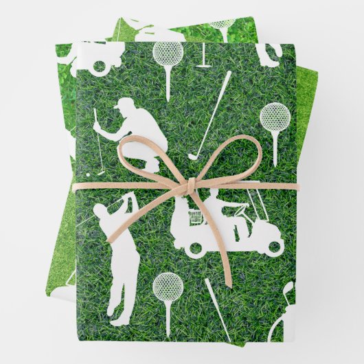 Golfpatroon met golfer en golfkar op groen inpakpapier vel (In situ)