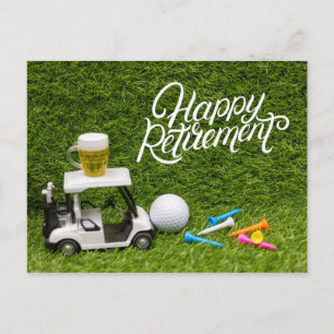Golfpensioen met bier op golfkarretje briefkaart