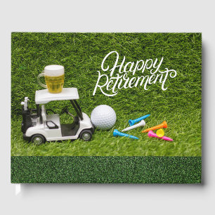 Golfpensioen met bier op golfkarretje gastenboek