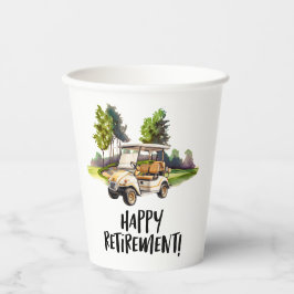 Golfpensioen met winkelwagen op groene waterverf papieren bekers