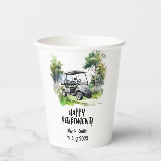 Golfpensioen met winkelwagen op groene waterverf papieren bekers (Voorkant)