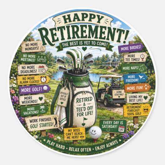 Golfpensioen thema ronde sticker (Voorkant)